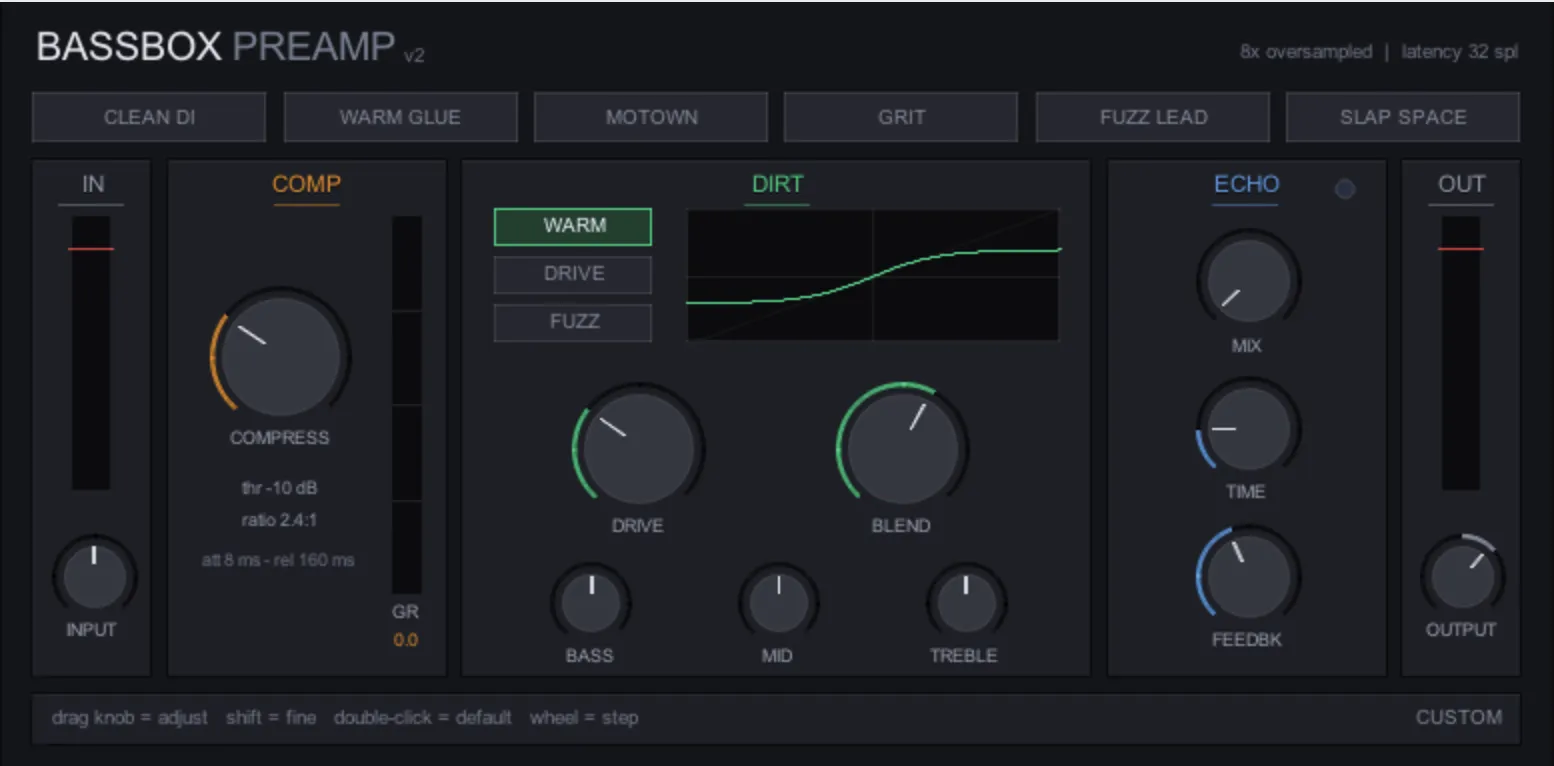 the bassbox preamp v2 panel: dark, with orange, green and blue sections and preset buttons