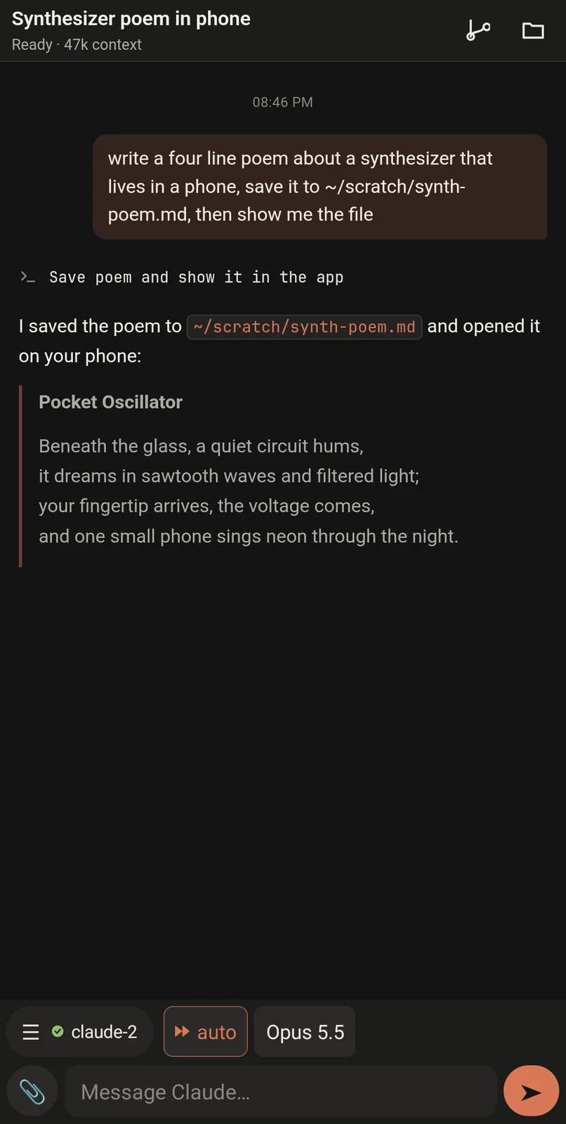 chat view: a prompt bubble asking for a four-line synthesizer poem, a folded command step, and claude's reply quoting the poem