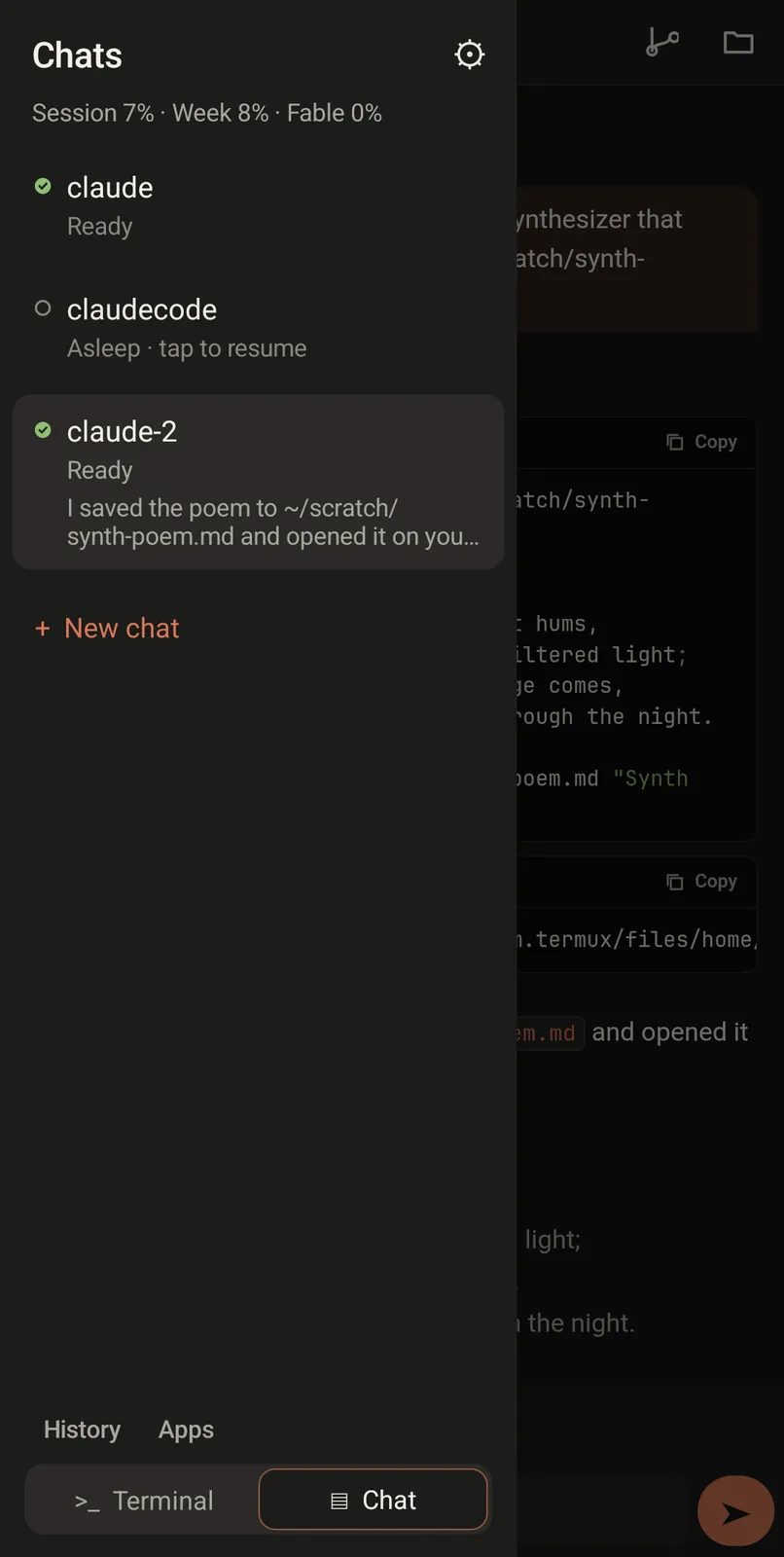 the chats drawer listing three sessions, one asleep, with usage percentages at the top