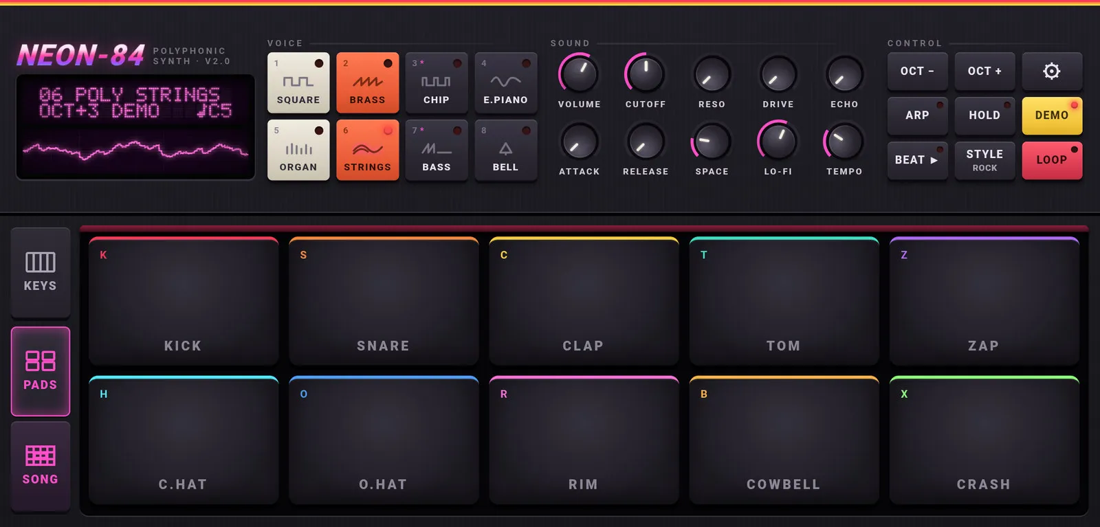 the demo song playing in pads mode, the waveform moving on the pink dot-matrix screen