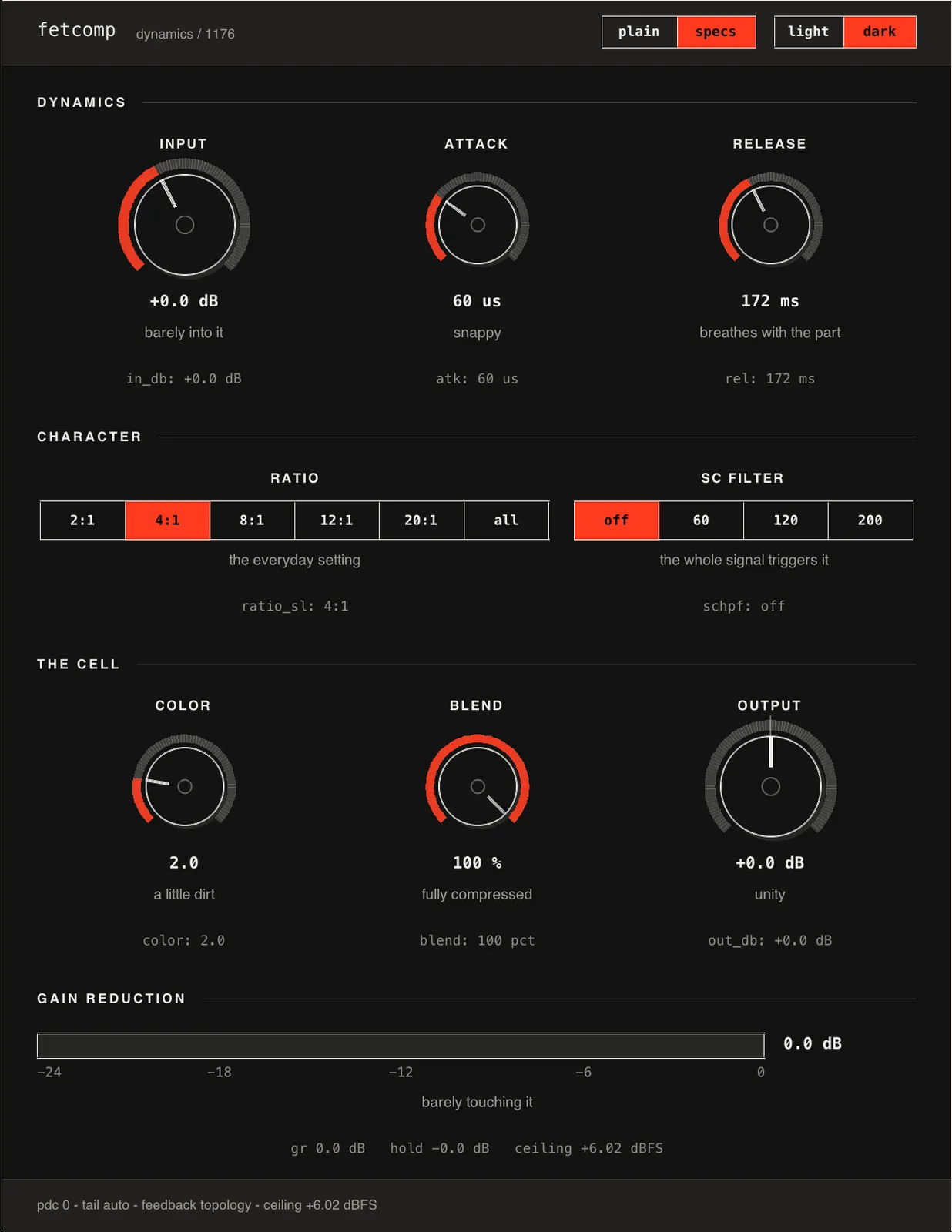the same fetcomp panel in dark mode with specs on, parameter readouts under each caption
