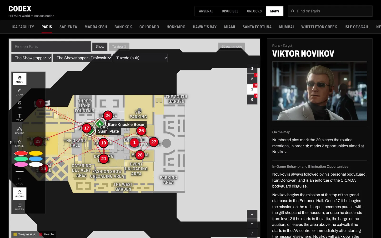 the maps view on paris: hitmaps floor plan, a target's routine drawn as numbered red pins joined by dashed lines, and the drawing toolbar