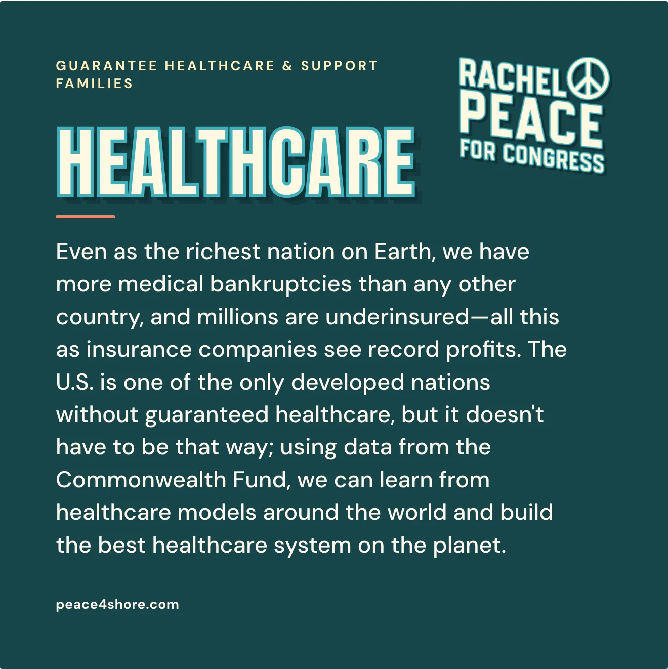 a square policy card: healthcare in poster type over the agenda copy, with the campaign lockup