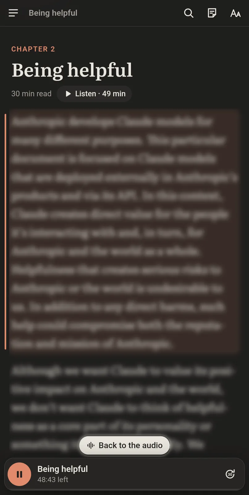 chapter two playing, the paragraph being read highlighted with a rule down its edge. the body text is blurred