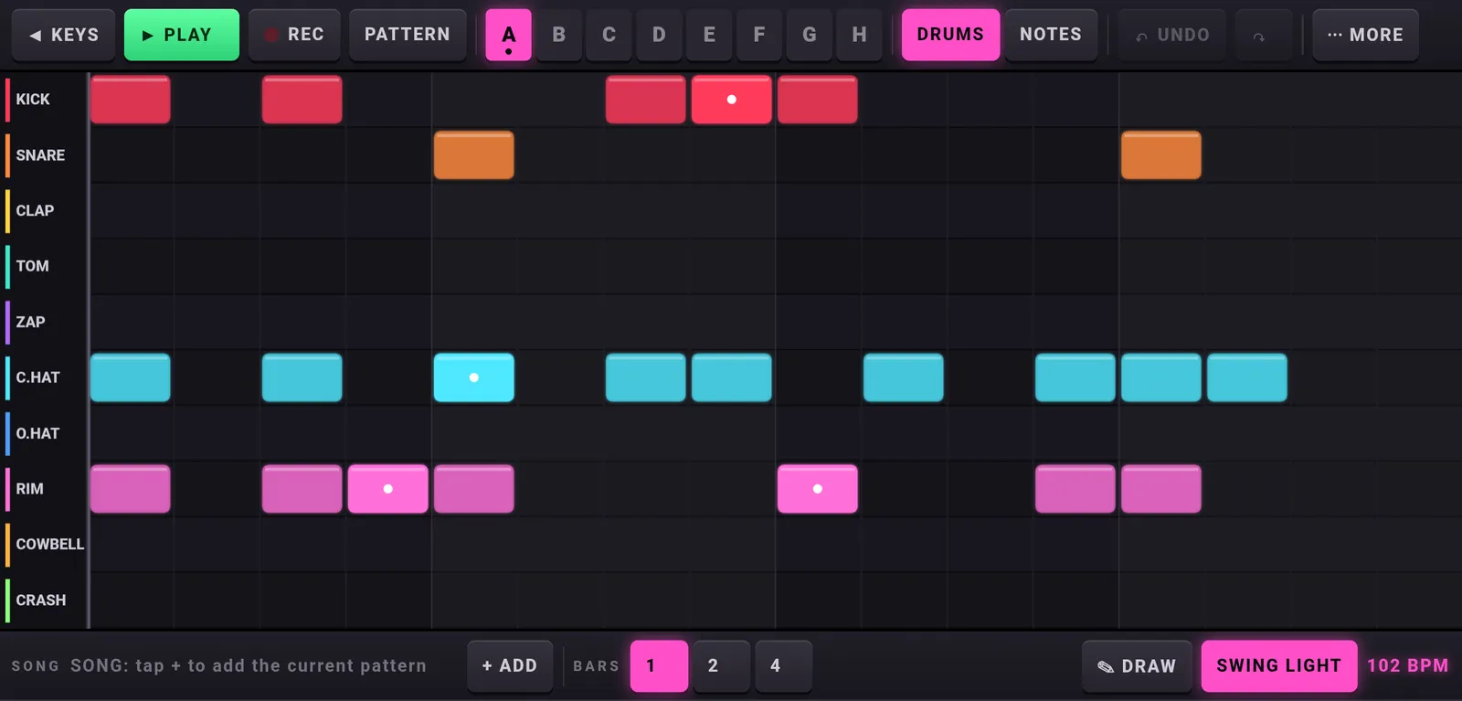 the song editor's drum grid, patterns a to h, swing light at 102 bpm