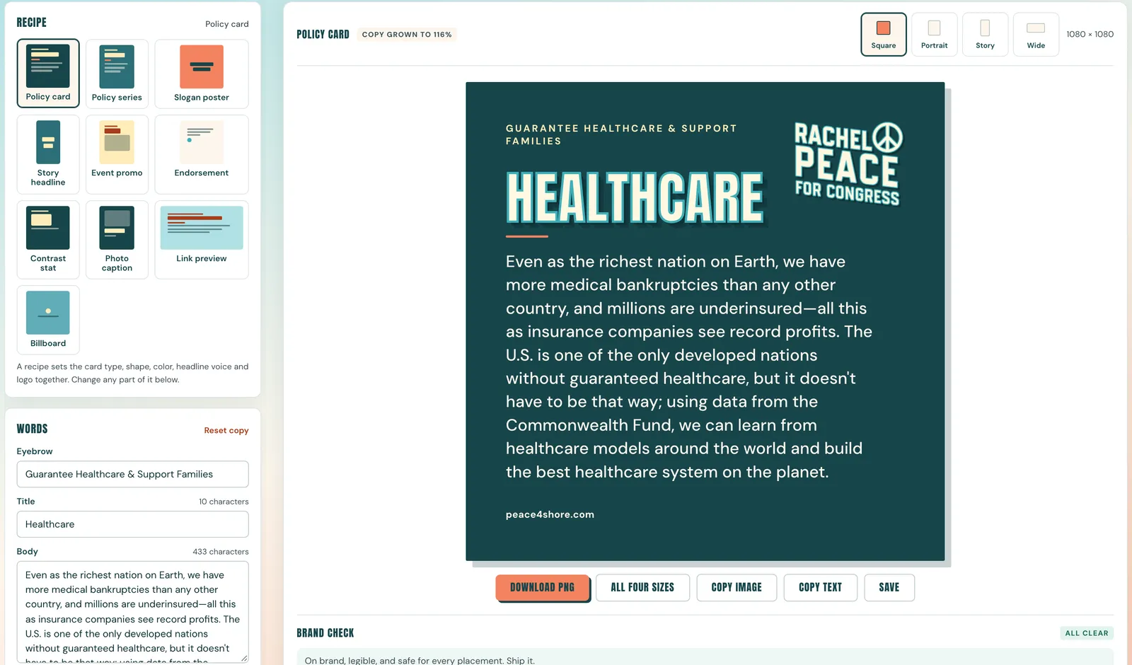 the studio: recipe tiles and word fields on the left, a policy card preview on the right, and a brand check reading all clear