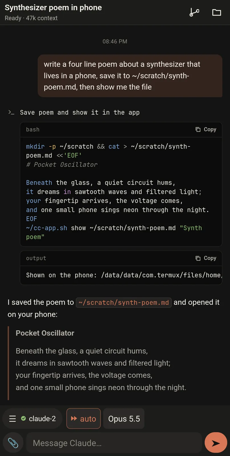 the same chat with the command step expanded into a bash card and its output